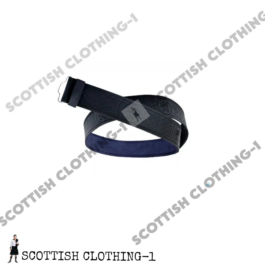 Adjustable Highland Black Lion Rampant Embossed Leather Kilt Belt