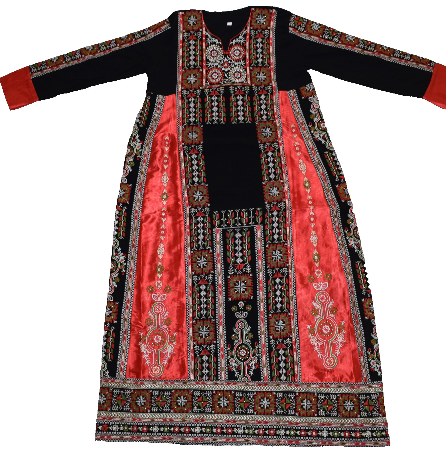 Palestinian Tatreez Thobe – Red Satin Panel & Embroidered Maxi Dress – Abaya
