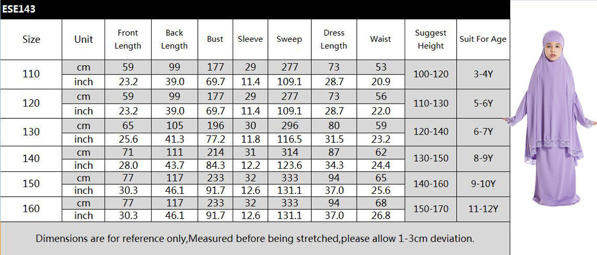 Two Piece Girls Kids Overhead Khimar Hijab Skirt Set Muslim Girls Prayer Dress