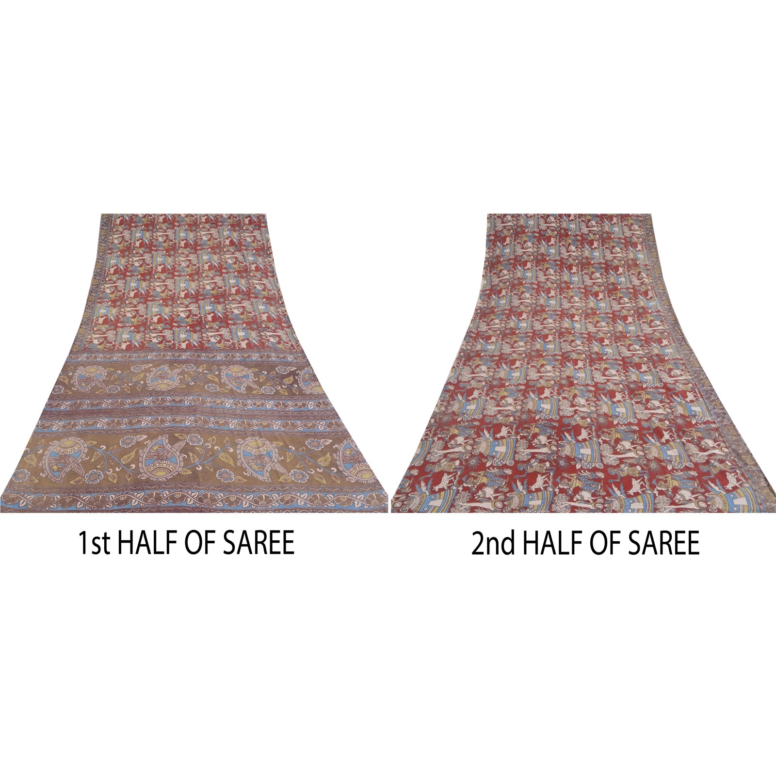 Sanskriti Vintage Gray/Red Pure Cotton Sarees Kalamkari Printed Sari 5+Yd Fabric