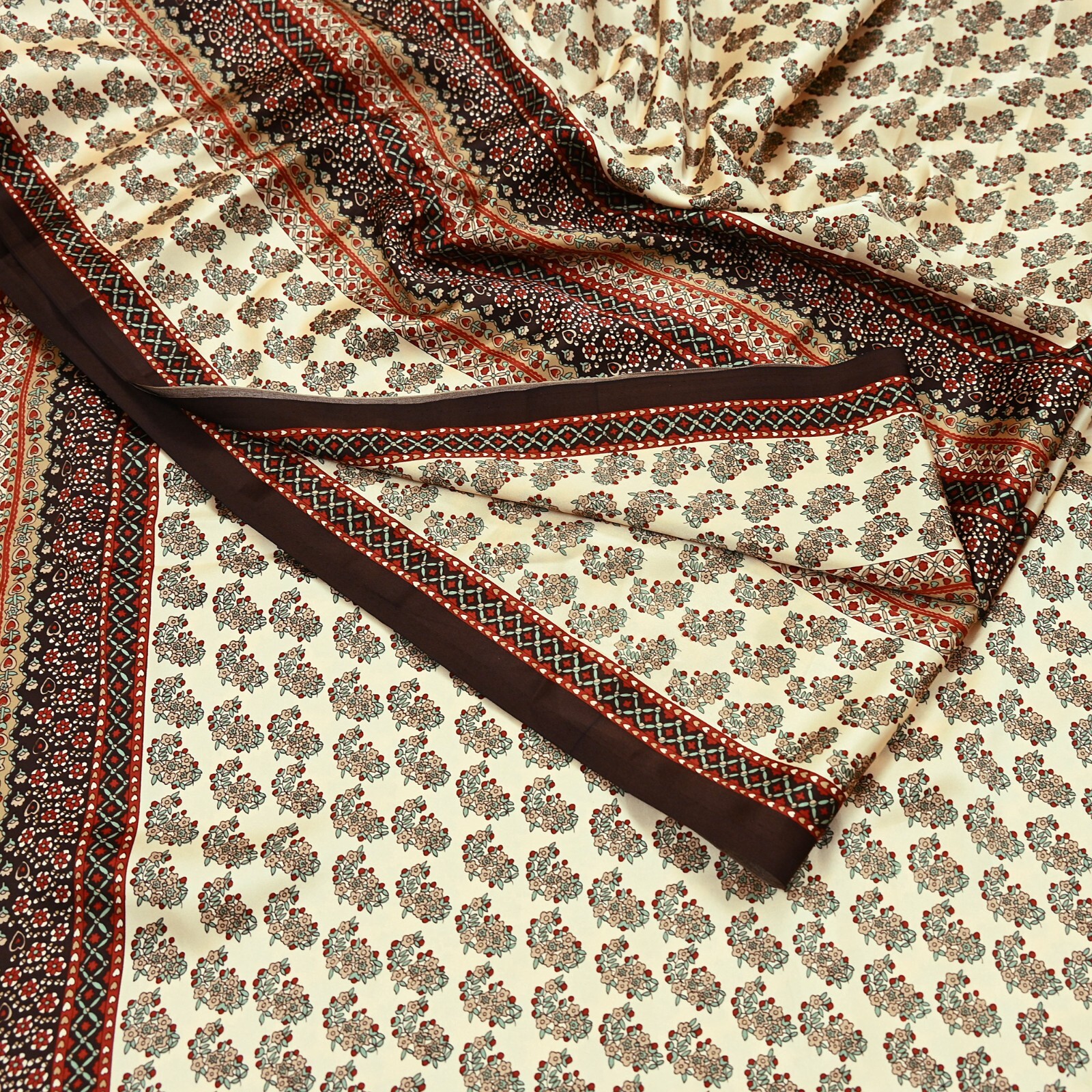 Indian Vintage Saree Beige Satin Printed Sari 5yd Sewing Floral Soft Craft Fabri