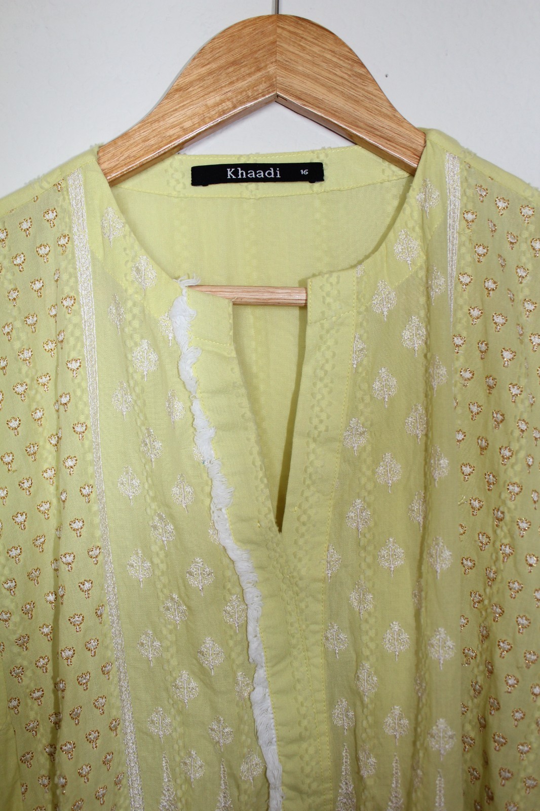 Khaadi Pakistani 100% Cotton Kurti Dress Womens 16 Yellow Lime Embroidered Tunic