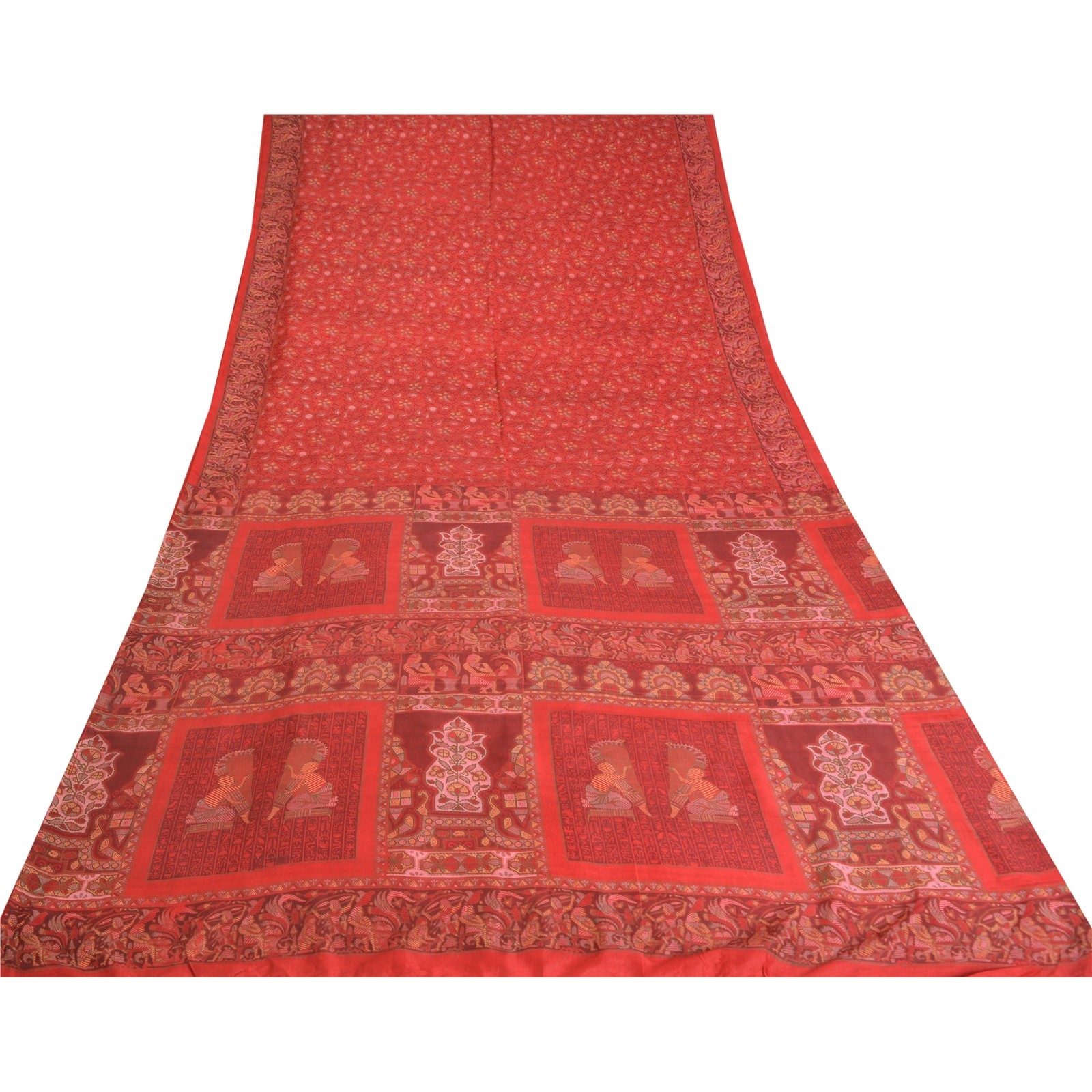 Sanskriti Vintage Sarees Red Human Printed 100% Pure Silk Sari 6Yd Craft Fabric
