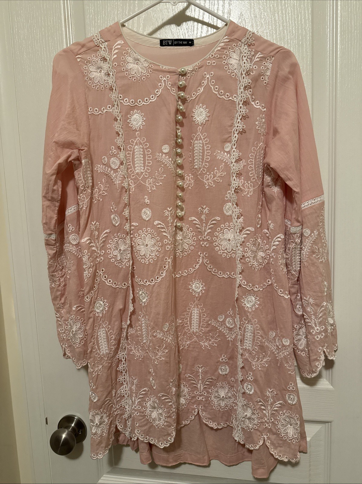 Indian Pakistani Kameez Pink White Embroidery Women M BTW By The Way 36 In Chest