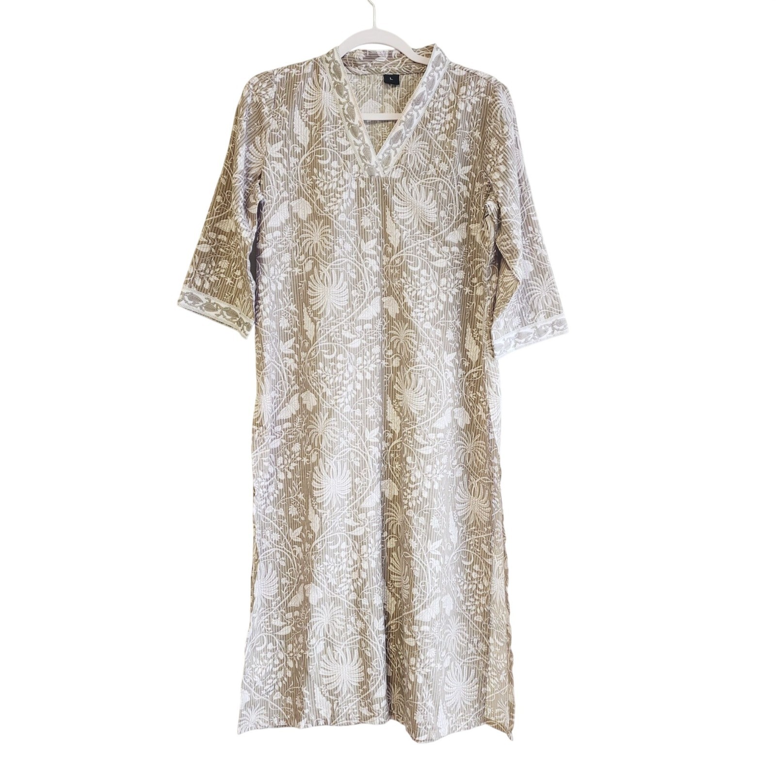 Floral Beige White Kurta Pant Set Lace Trim Details Size Ethnic Lightweight