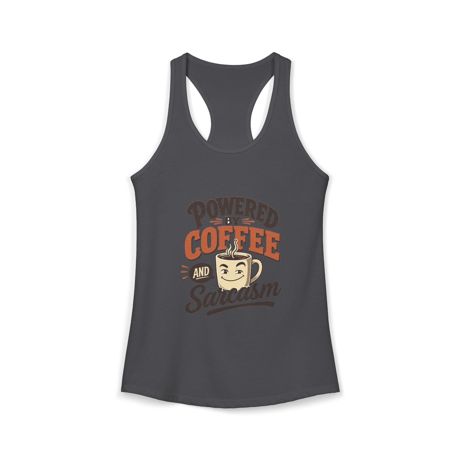 Womens “Powered By Coffee Sarcasm” Racerback Tank Funny Made in USA