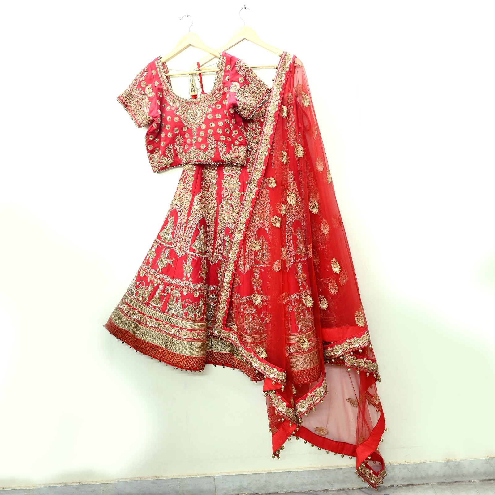Indian Wedding Red Net/Satin Silk Hand Embroidered Designer Lehenga 3pcs set