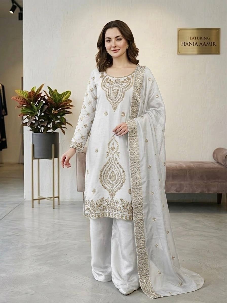 Indian Women GMY Choo Silk Kurta Sharara With Dupatta Set Beads Embroidery work