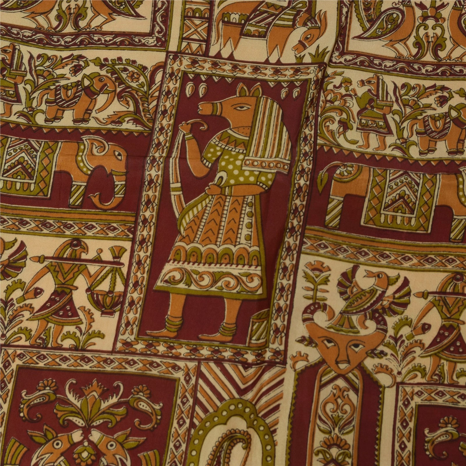 Sanskriti Vintage Sarees Yellow Pure Silk Human Animal Printed Sari 5+Yd Fabric