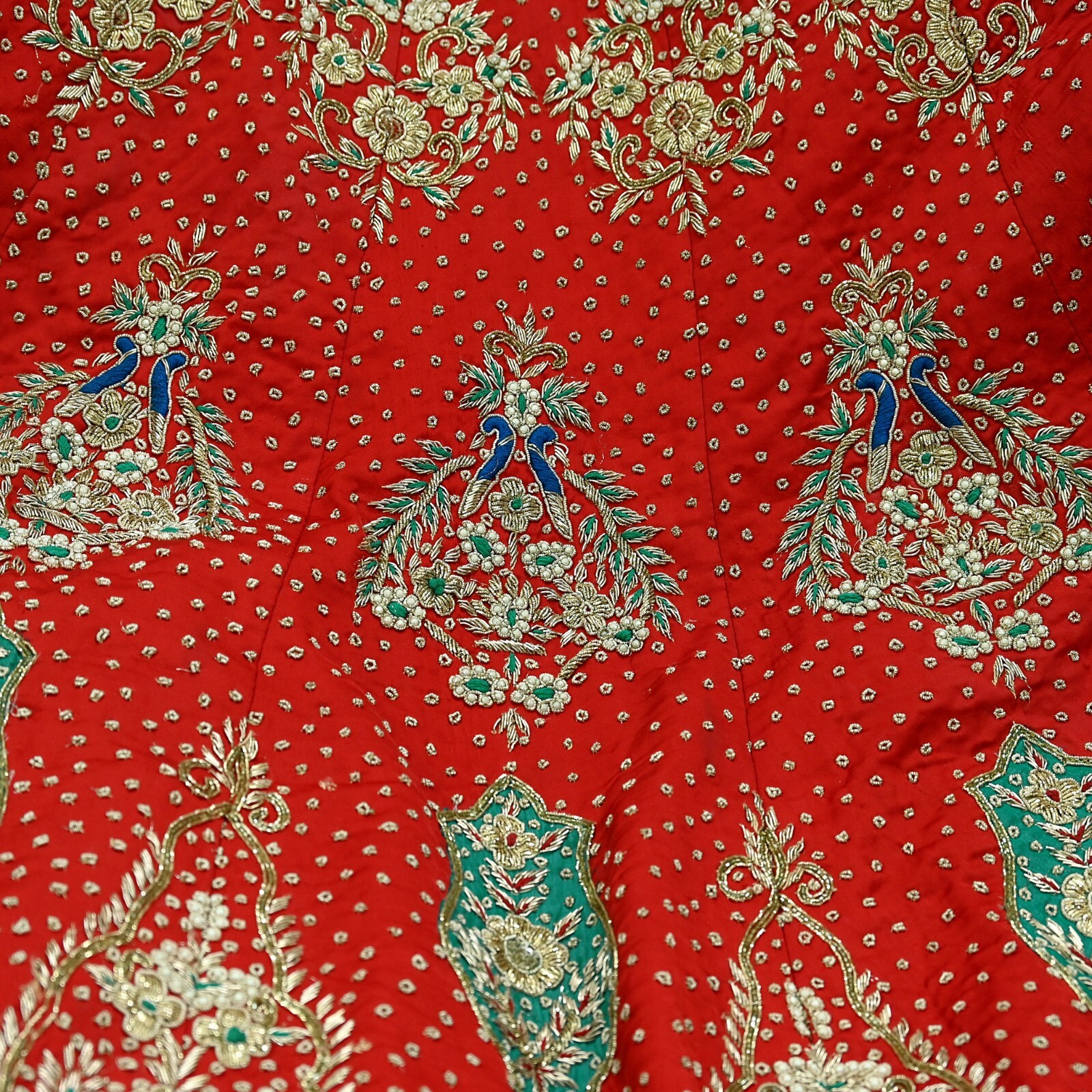 Pre-owned Red Satin Silk Hand Embroidered Designer By Anamika Khanna Lehenga Set