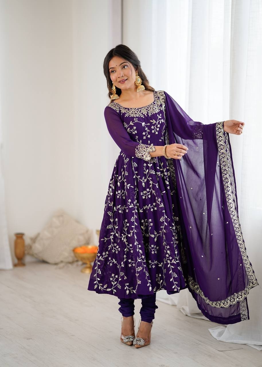 Elegant Purple Georgette Embroidery Sequins Work Flared Anarkali Gown 3 Pc Set