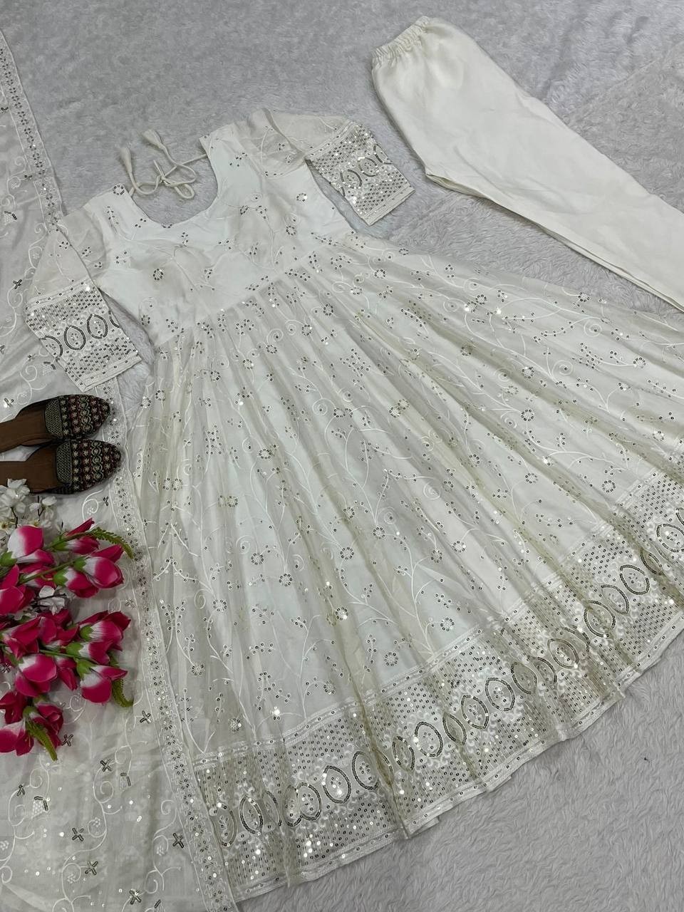 New Latest Heavy Slim Georgette White Gown Bottom And Dupatta For Function Wear