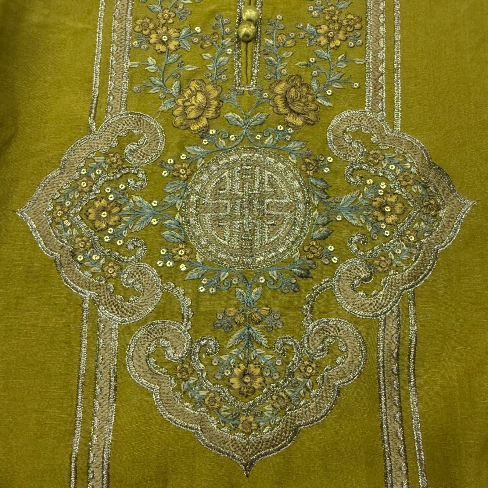 Maria B Olive Green Embroidered Kurta Tunic Women Medium Floral Sequin Lace Trim