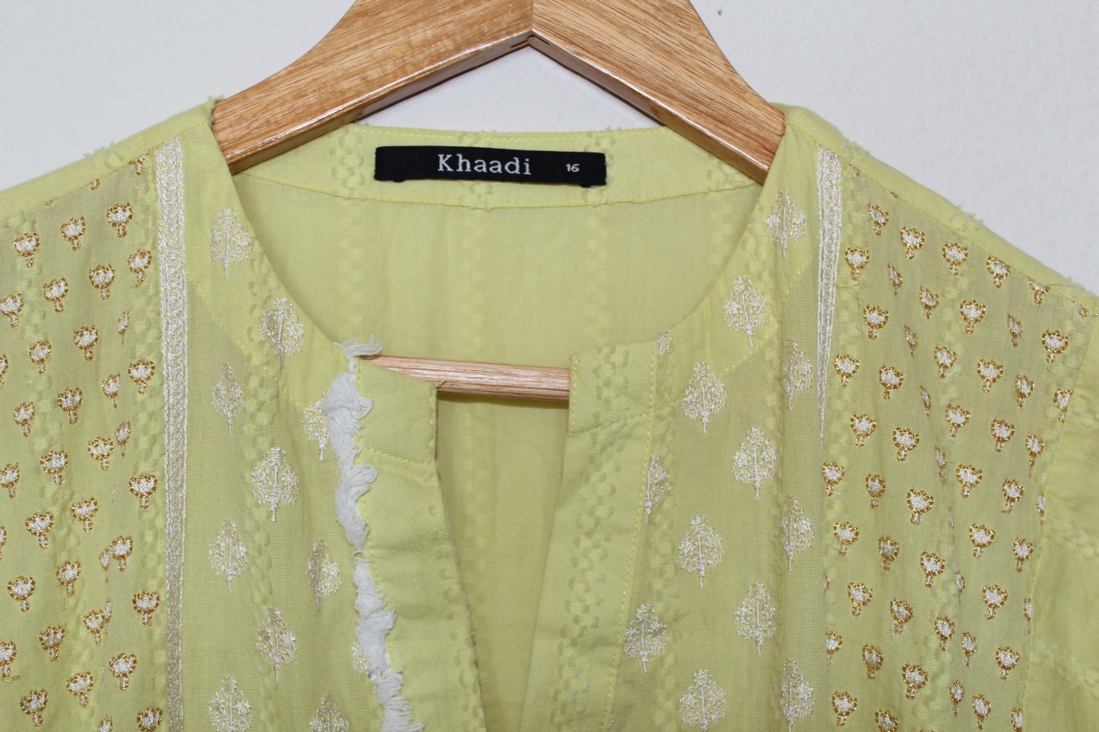Khaadi Pakistani 100% Cotton Kurti Dress Womens 16 Yellow Lime Embroidered Tunic
