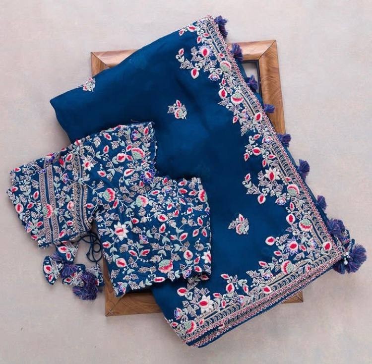 Soft Rangoli Silk Embroidered Saree Cutwork Border C-Pallu Party Wear Blouse