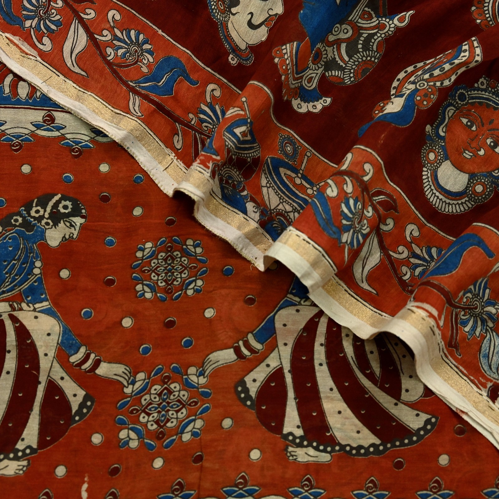 Indian Vintage Sari Pure chanderi Silk Kalamkari Print Sarees Fabric 5Yards Zari