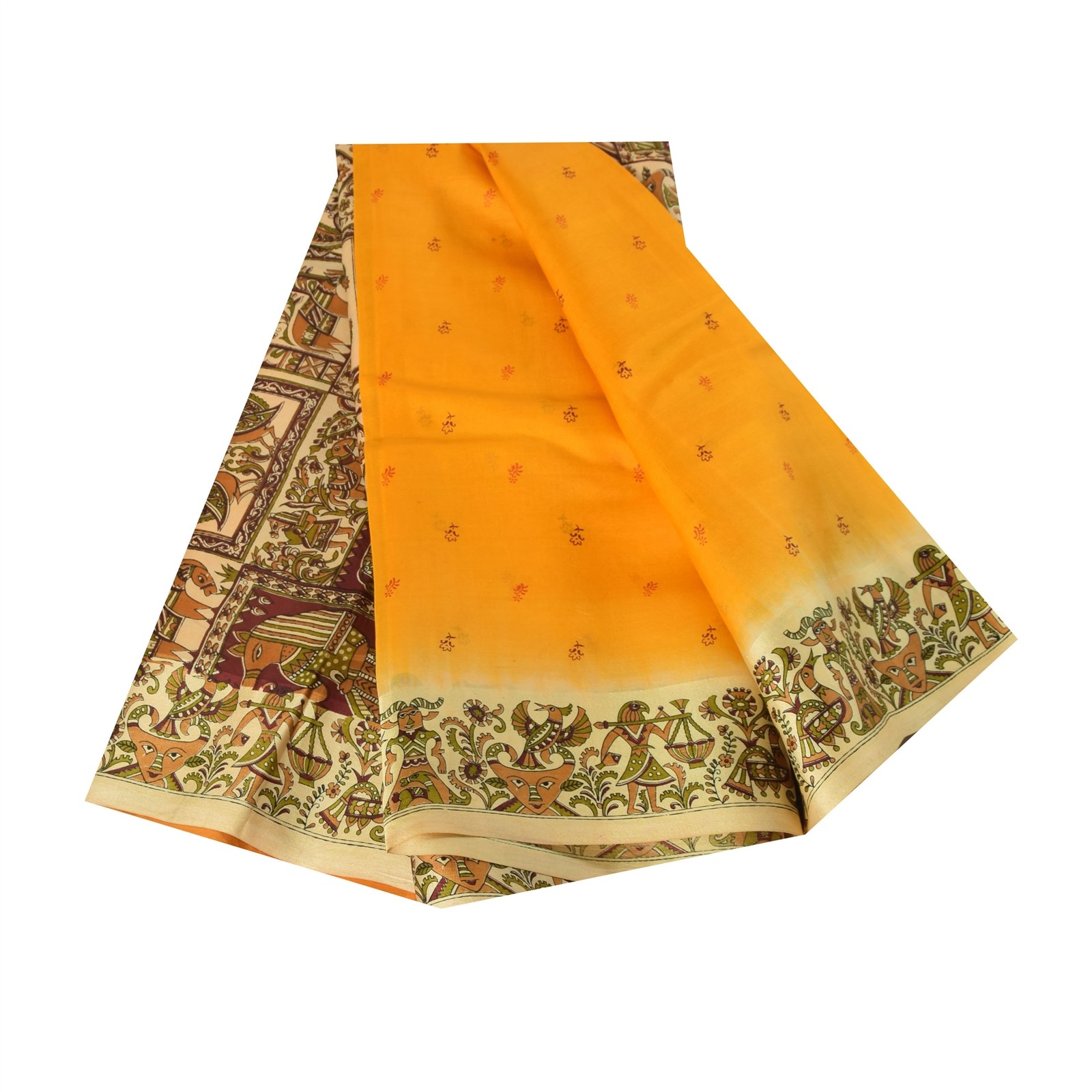 Sanskriti Vintage Sarees Yellow Pure Silk Human Animal Printed Sari 5+Yd Fabric