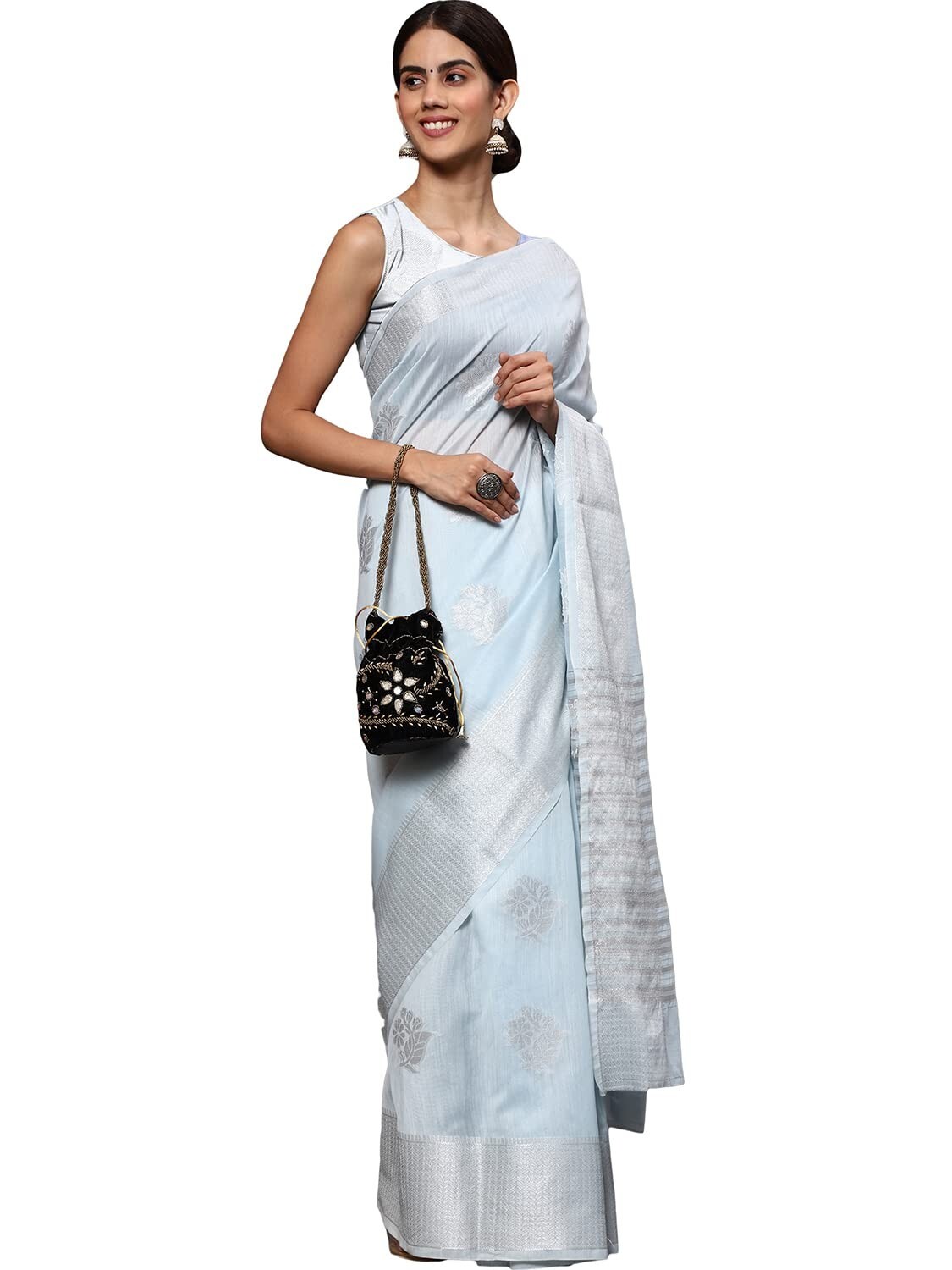 Women’s Linen Tissue Silk Silver Zari Floral Motifs Jacquard Banarasi Saree