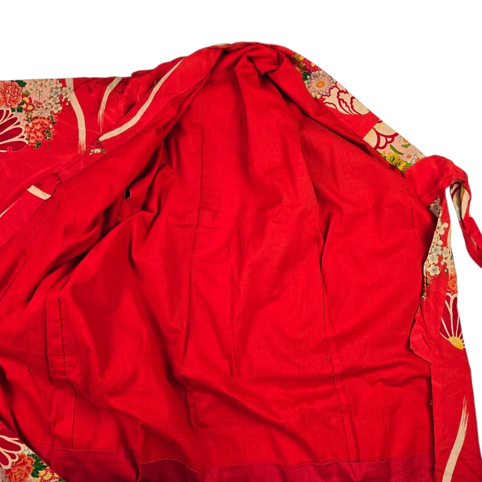 Vintage Kimono Handmade Red Printed Cotton Lined Asian Floral