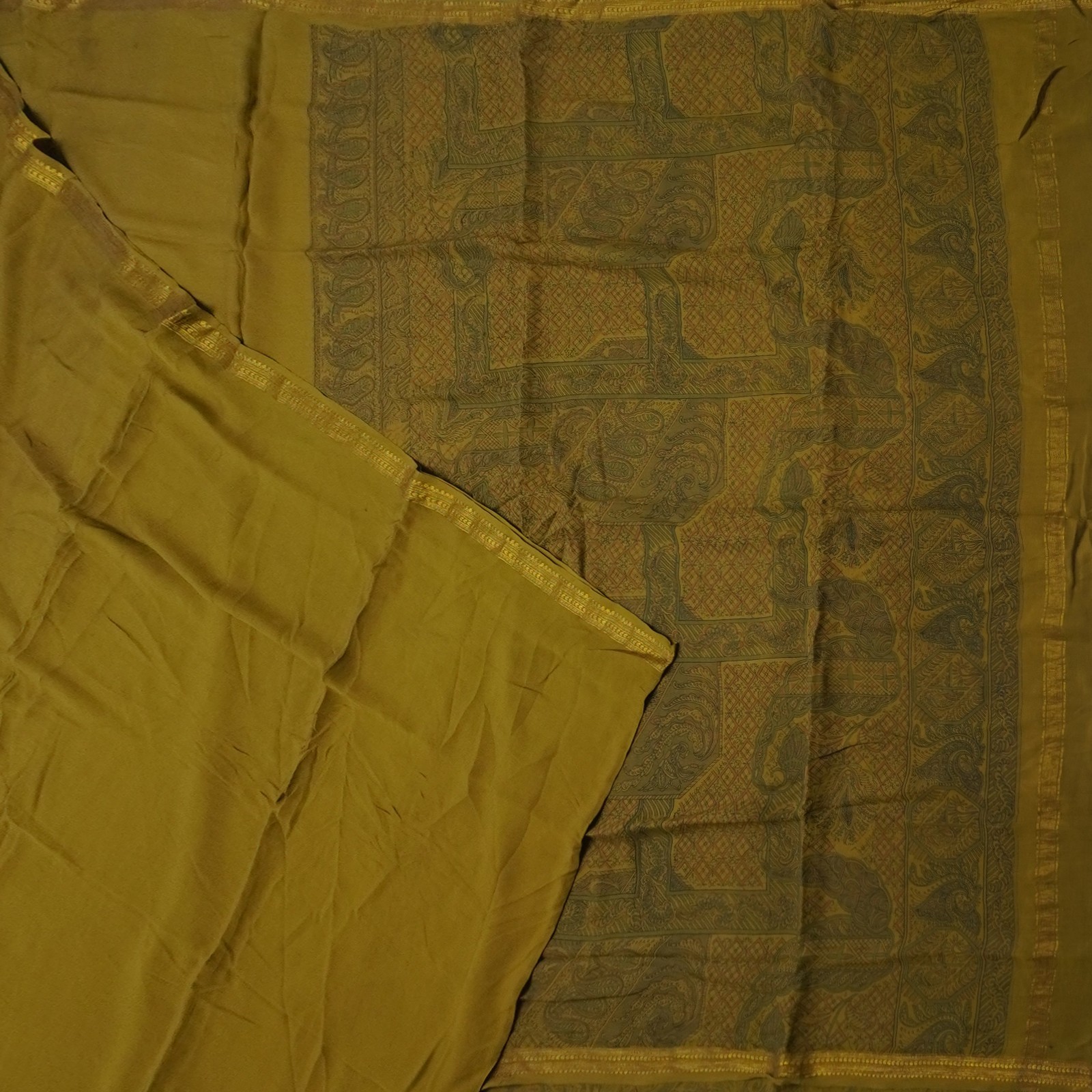 Vintage Olive Sarees 100% Pure Crepe Silk Printed Zari Border Sari 6YD Fabric