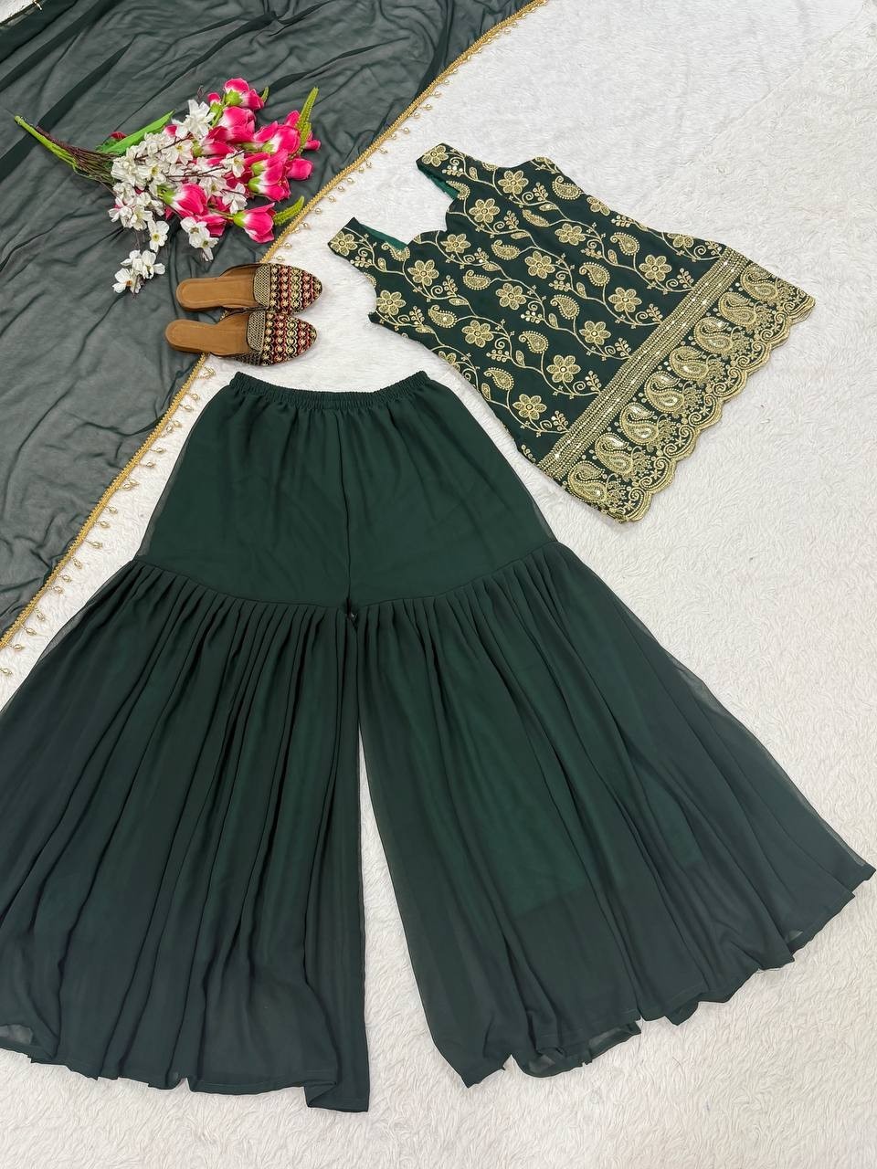 Latest New Green Faux Georgette Kurta Palazzo With Dupatta For Festival Wear