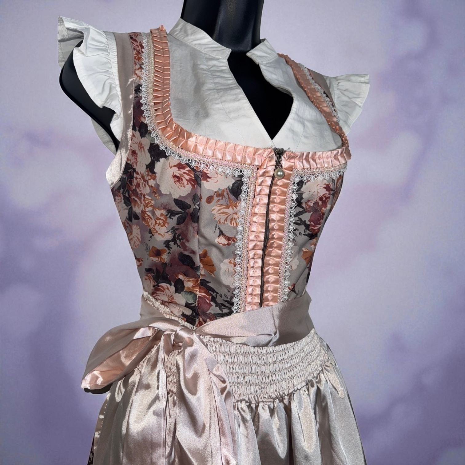 New Small Oktoberfest Pink Mauve Floral Dirndl Dress Bavarian German Trachten