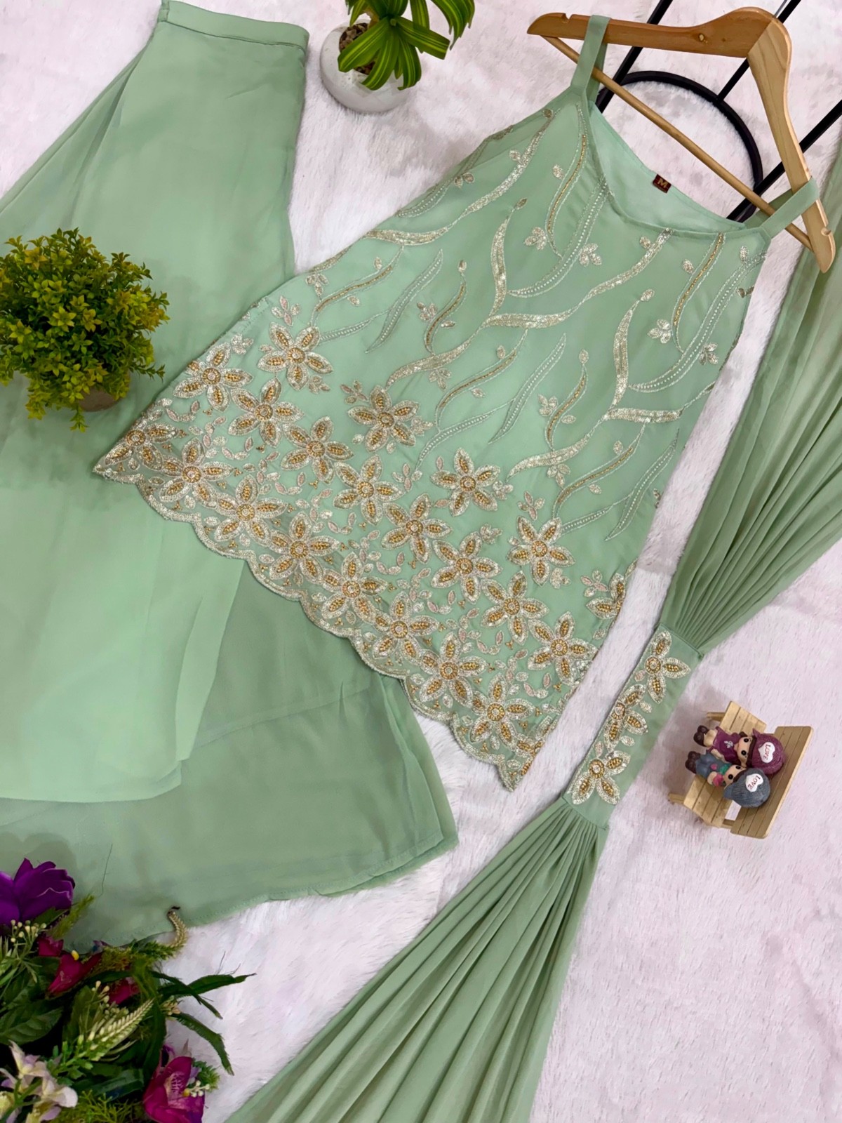Women’s Embroidered Kurti Palazzo Set with Dupatta Indian Ethnic Party Wear Suit