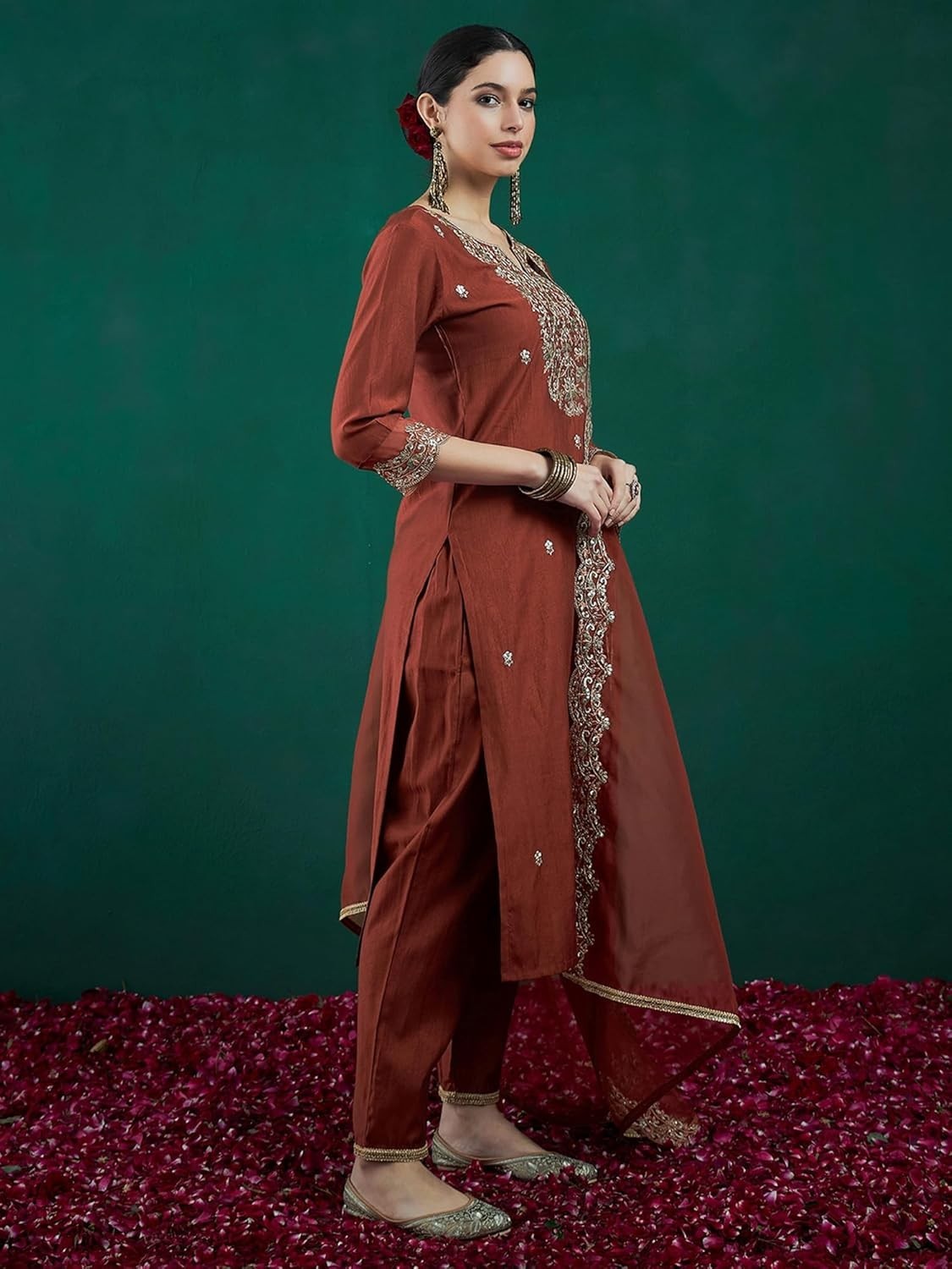 Women’s Viscose Embroidered Straight Kurta & Pant with Dupatta Set