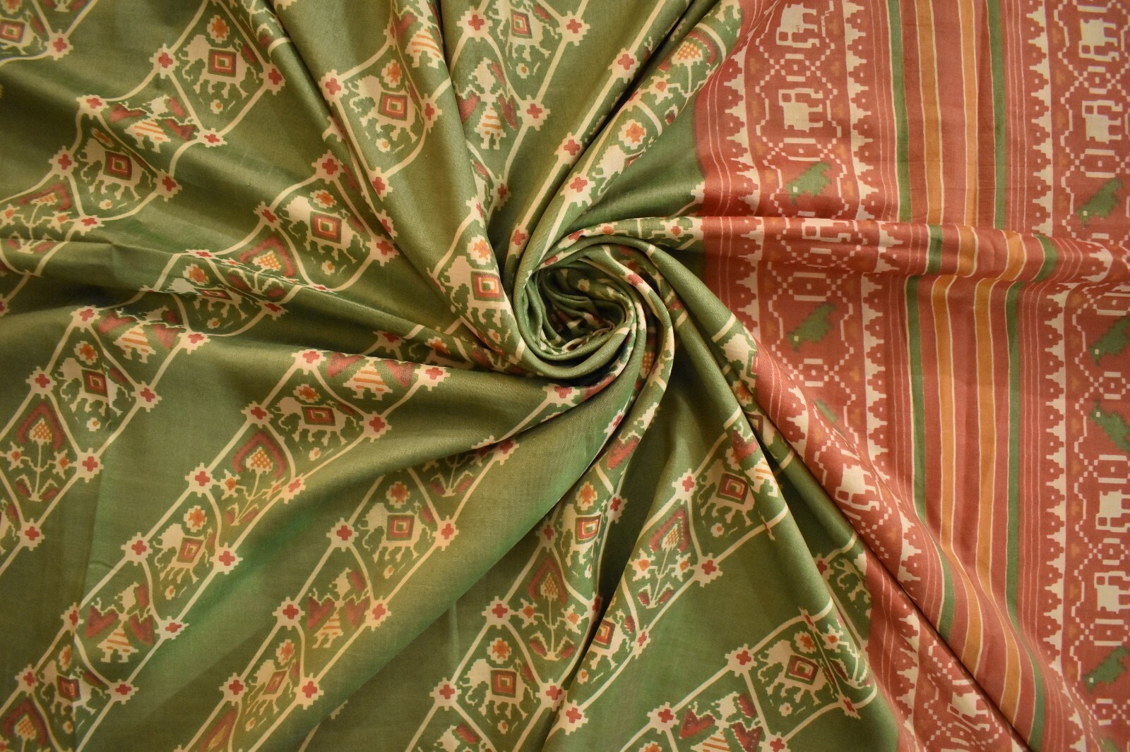 FNC Vintage Green Sambalpuri Ikat Sarees Handwoven Art Silk Sari Fabric Antique
