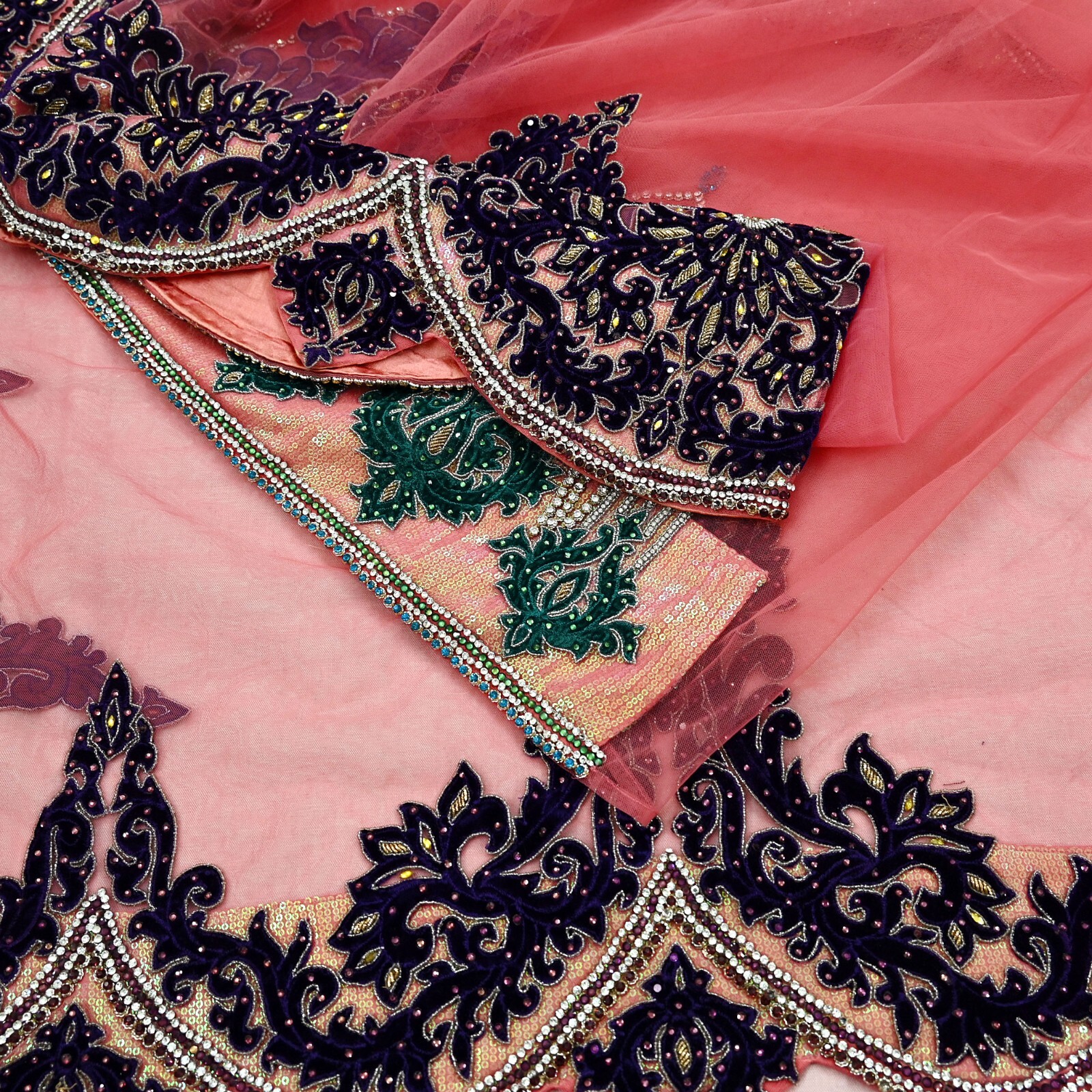 Vintage Heavy Sari Peach Net/Mesh Hand Embroidered Sarees Craft Fabric 5Yd