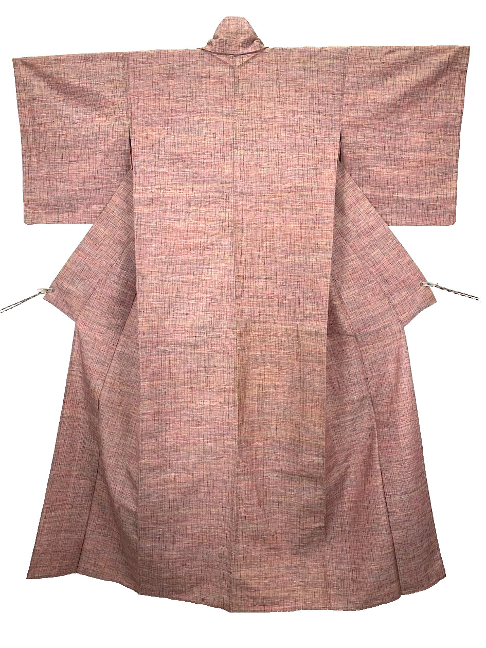 Authentic Vintage Japanese Tsumugi Silk Kimono Hitoe Plaid Stripes Robe XS Pink