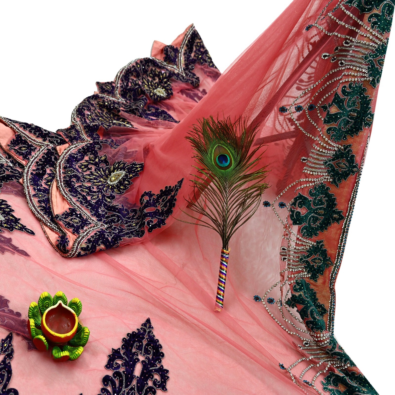 Vintage Heavy Sari Peach Net/Mesh Hand Embroidered Sarees Craft Fabric 5Yd
