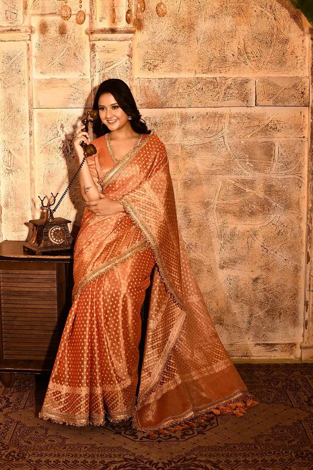 Brand new Coral Peach Banarasi pure Tissue silk Handloom Saree