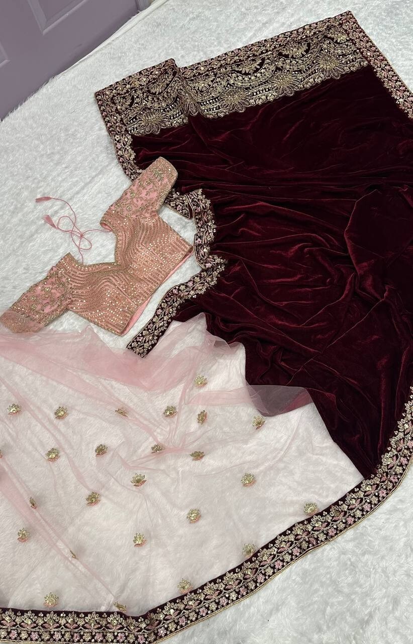 New Collection Velvet Net Maroon Saree With Blouse For Wedding & Party Wear