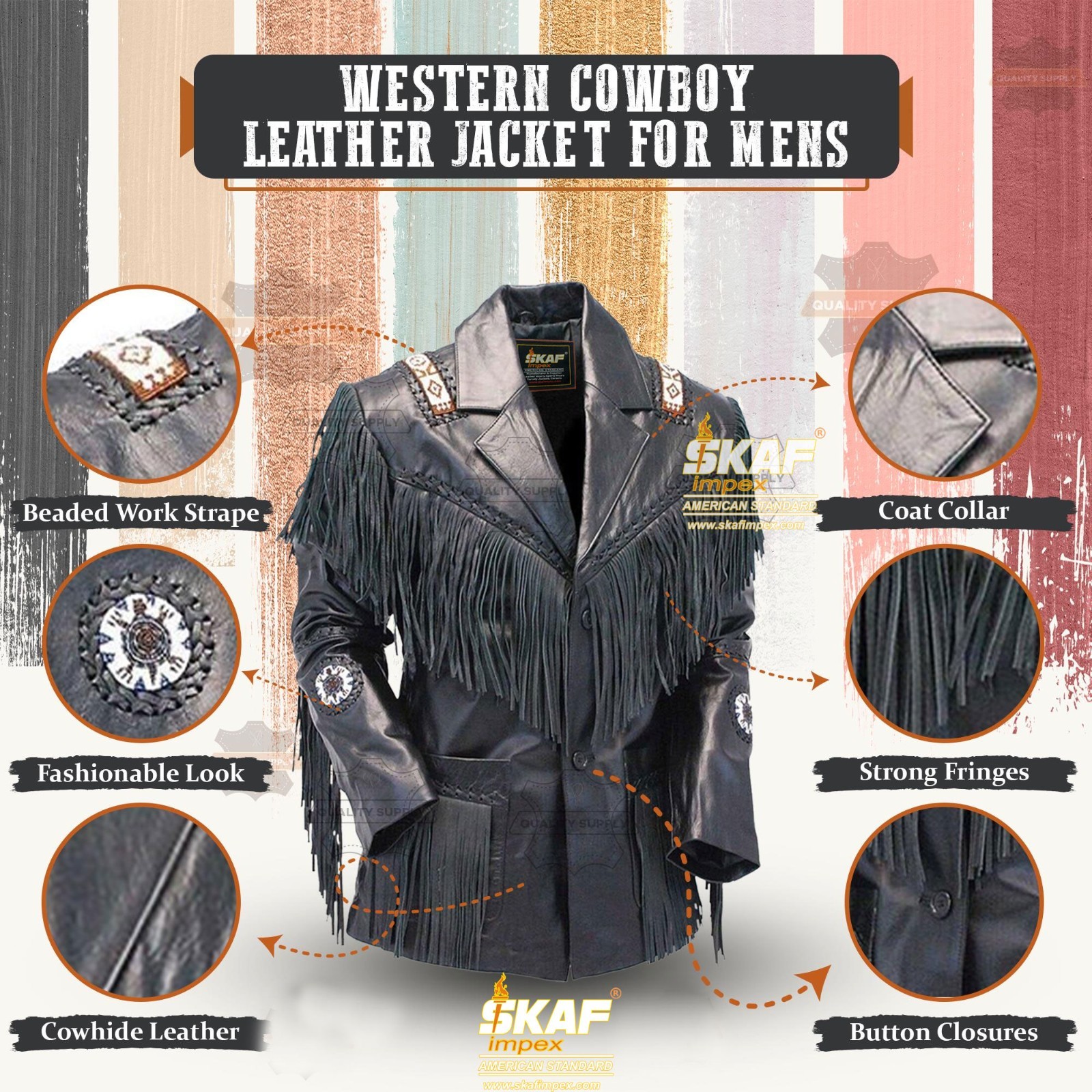 Western Cowboy Jacket Cowhide Black Leather Fringe Beads Native American Style