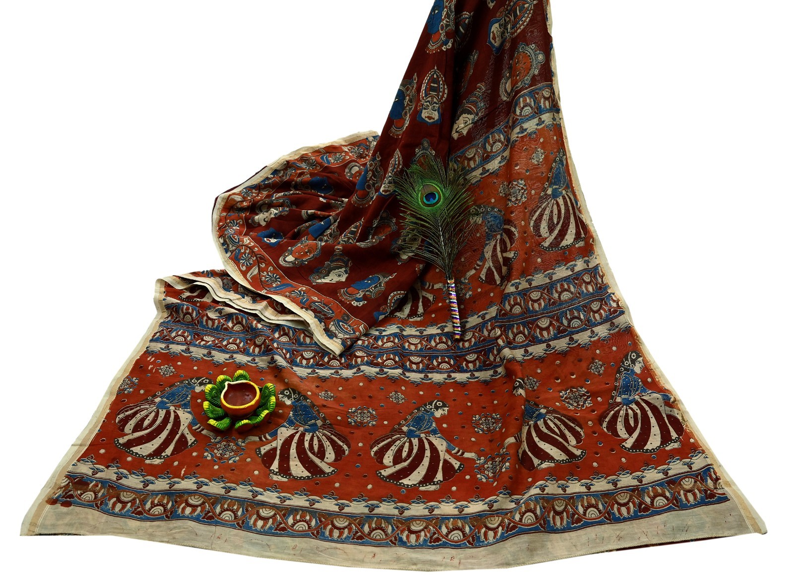 Indian Vintage Sari Pure chanderi Silk Kalamkari Print Sarees Fabric 5Yards Zari
