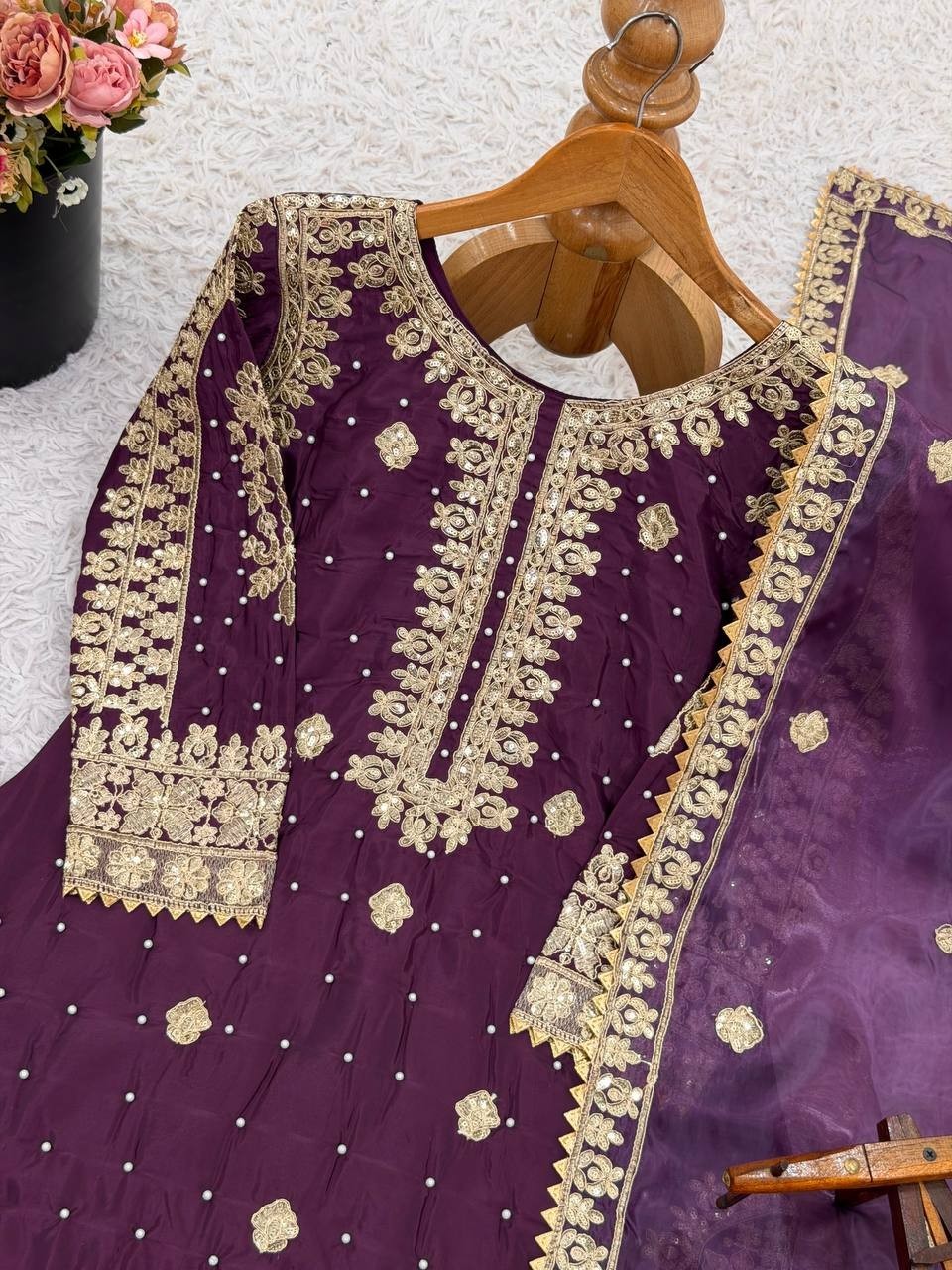 New Designer Pure Natural Crepe Silk Top Palazzo With Dupatta For Function