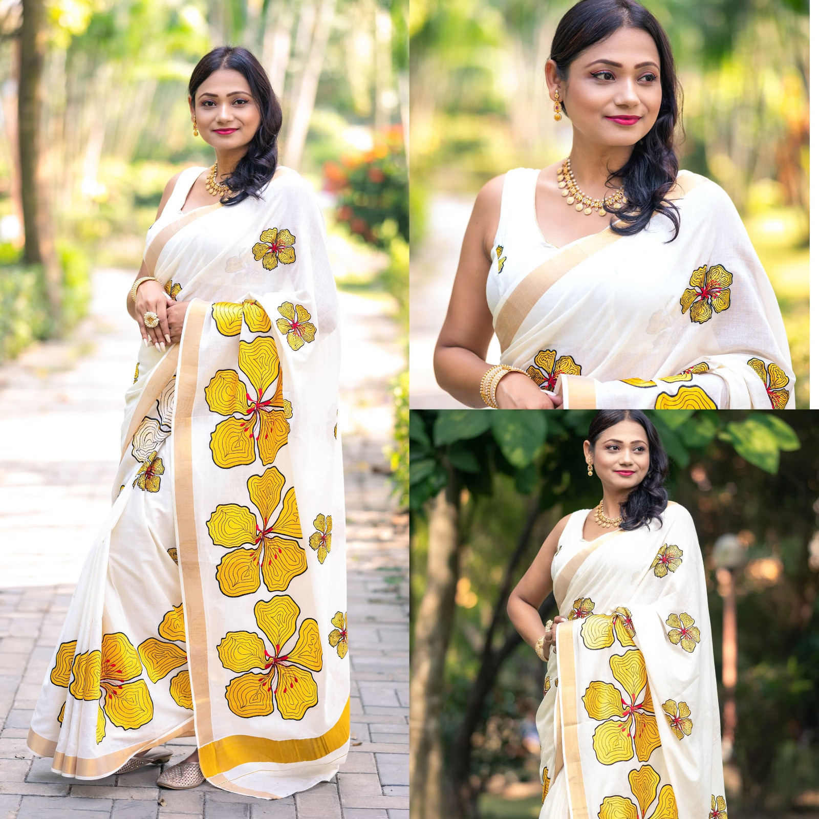 Kerala Big Flower Embroidered Cotton Saree 6.25KeralaSaree,Vishu Saree,Onam Sari