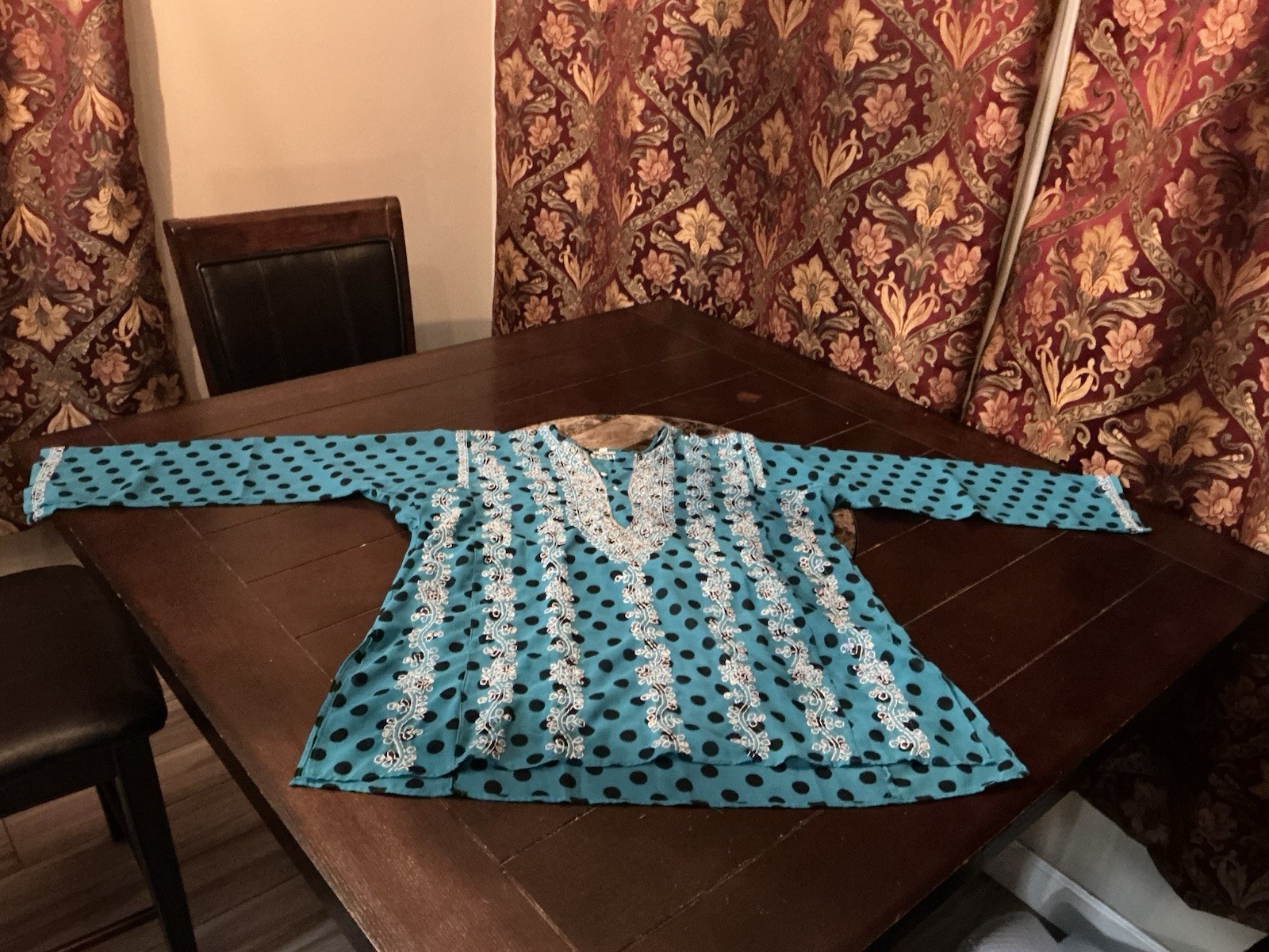 Polyester Chiffon Sequined Blue Indian Kurta Kurti Top, 46” Bust, 28” Long, New
