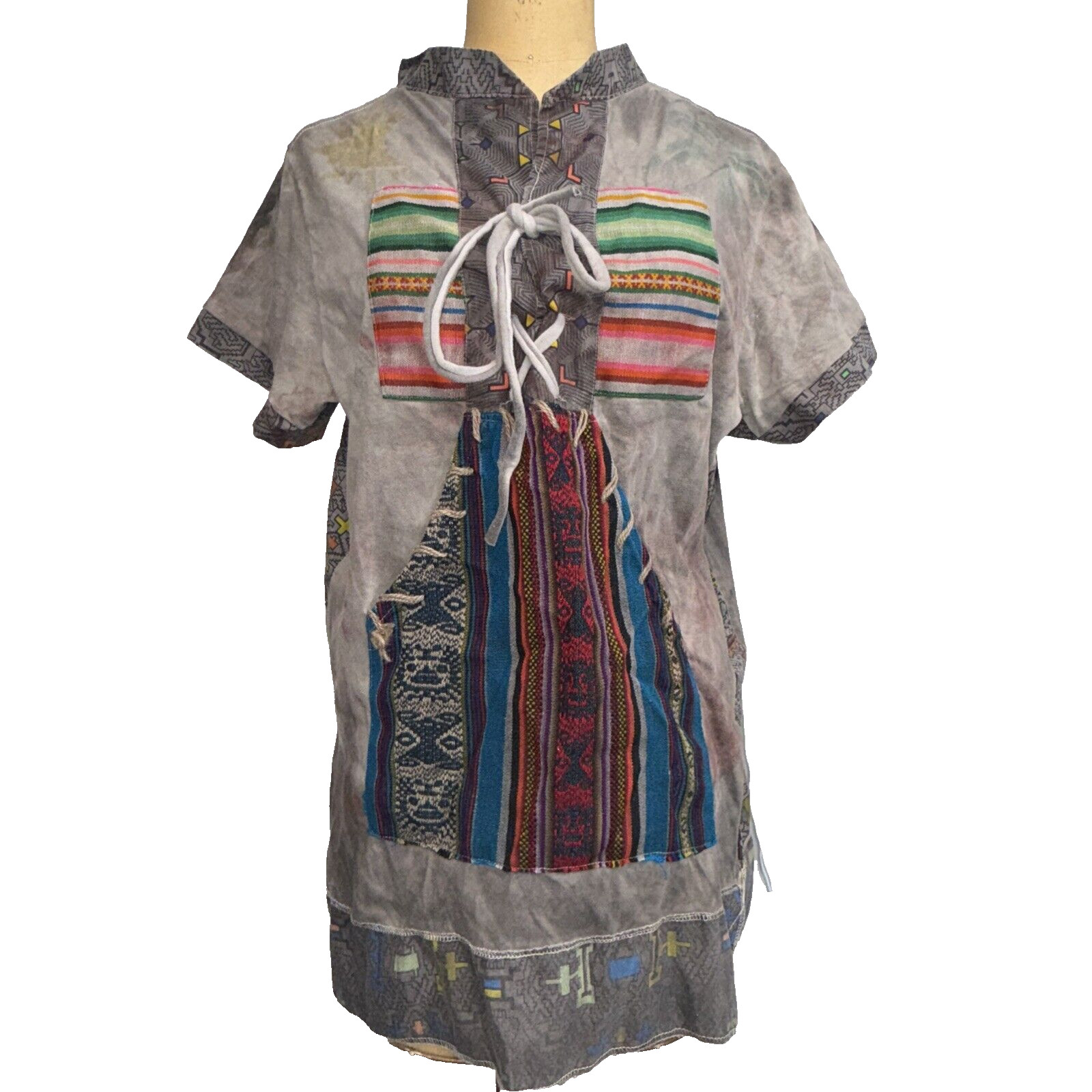 Juan Carlos Centeno Baca Organic Hand Made Patchwork Lace Up Front Tee