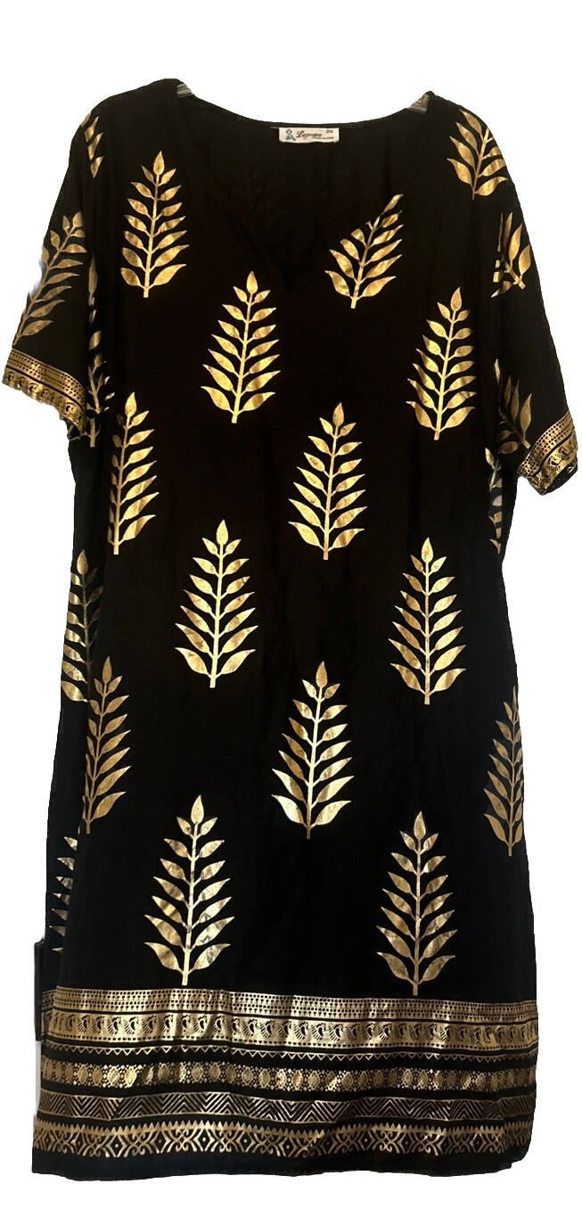 Lapogee Black Gold Leaf Kurta Women’s 2X Traditional Short Sleeve Knee Length