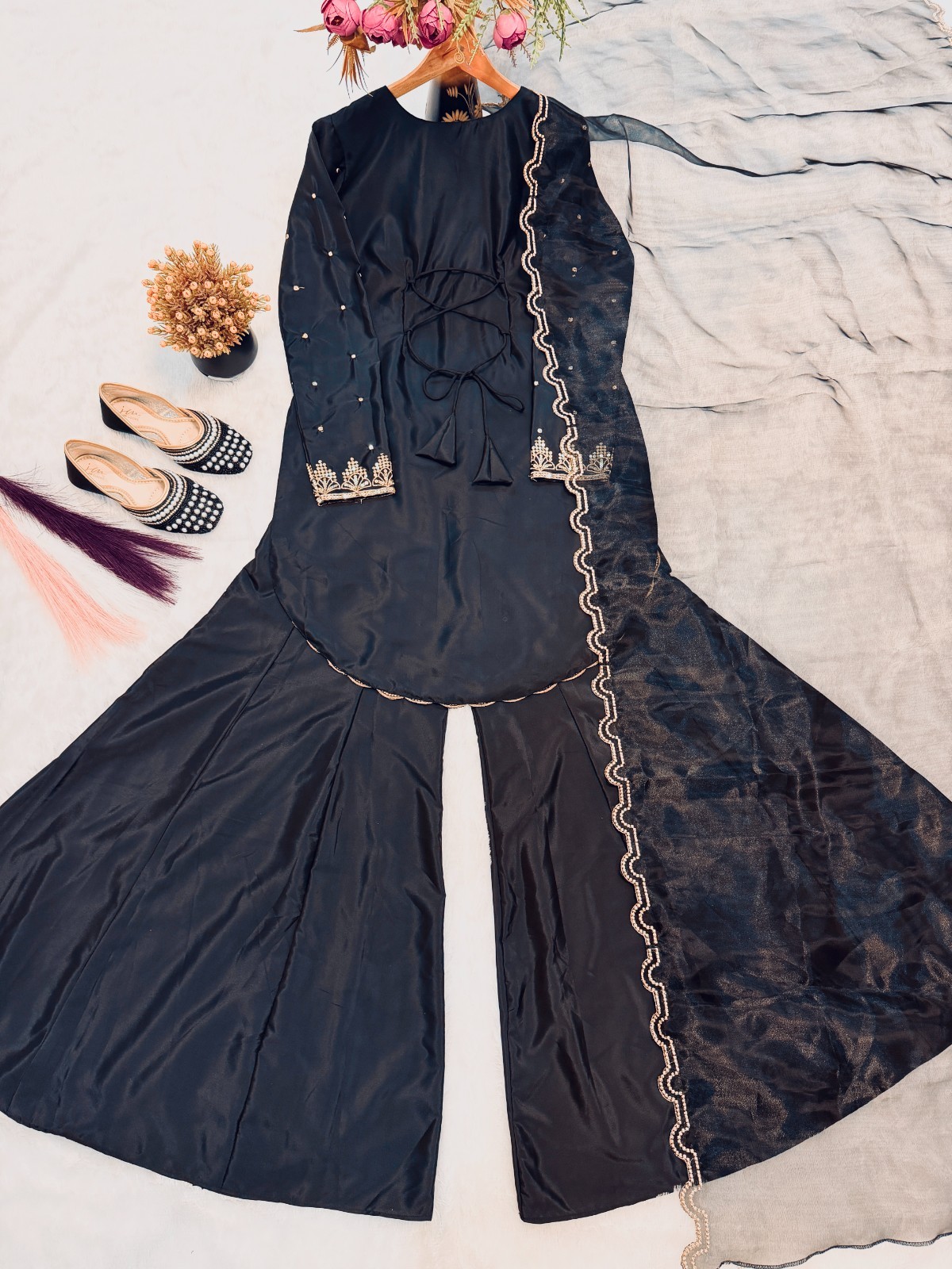 Traditional Look Natural Crepe Silk Black Kurta Palazzo With Dupatta For Wedding