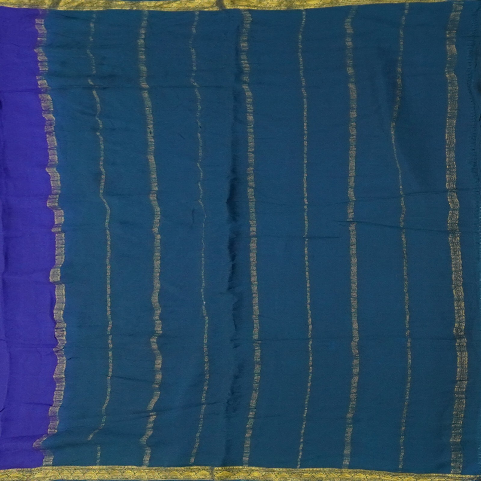 Vintage Blue Sarees 100% Pure Mysore Crepe Silk Zari Woven Sari 5YD Craft Fabric