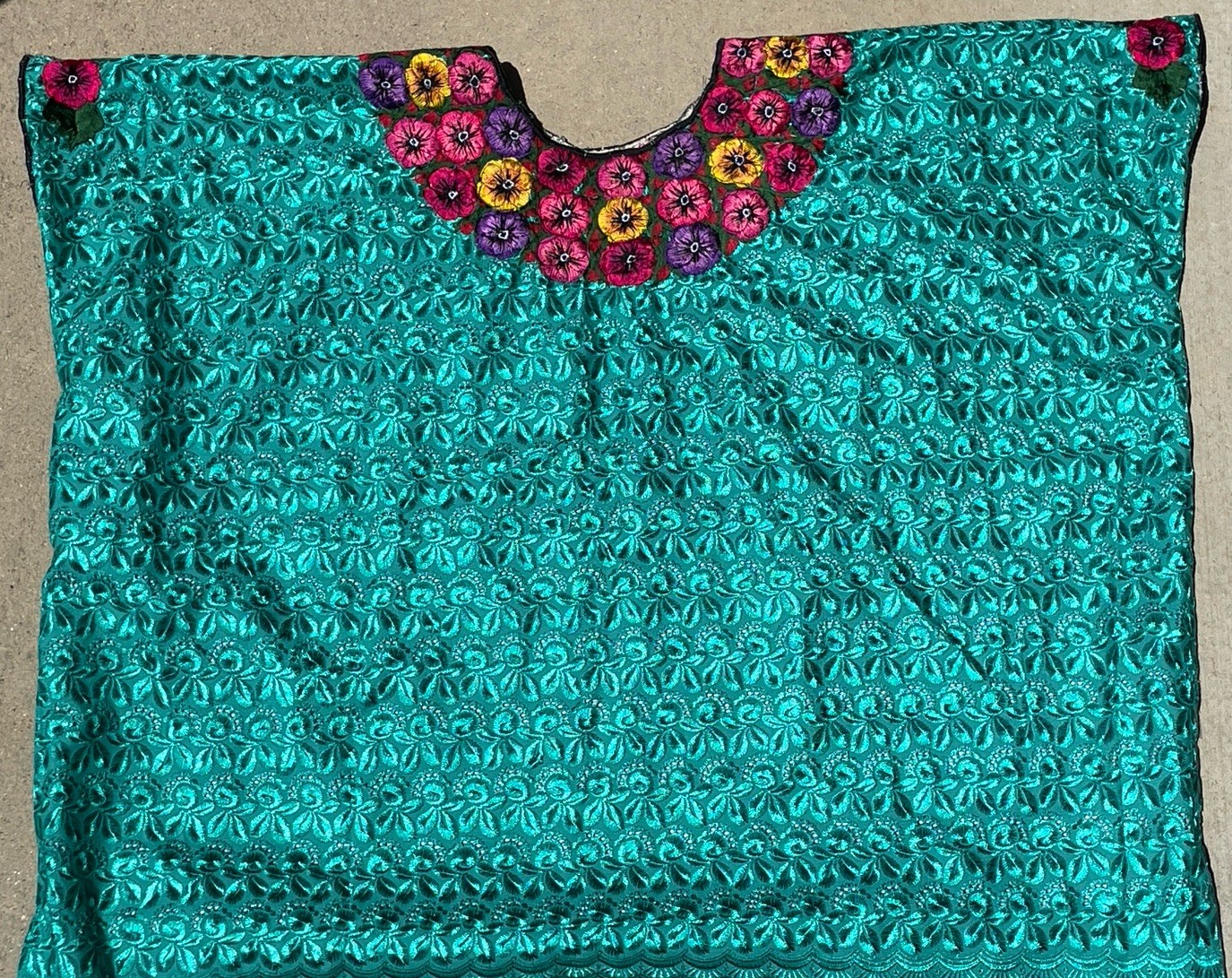 Vintage Guatemala Huipil Blouse Hand Embroidered Floral Teal Green Indigenous