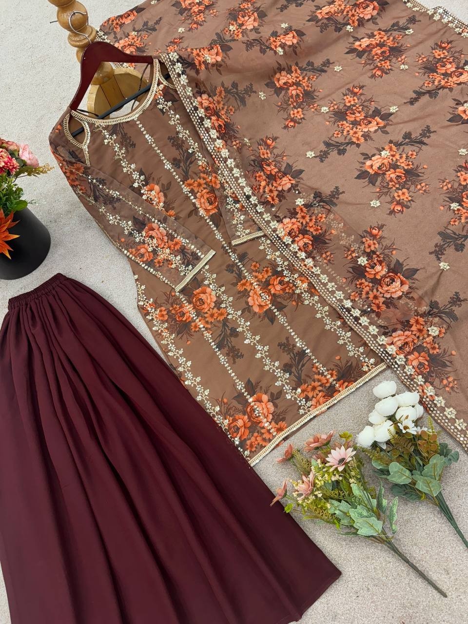 Georgette Embroidered Digital Print Gown–Plazzo Set With Rivet Moti Work