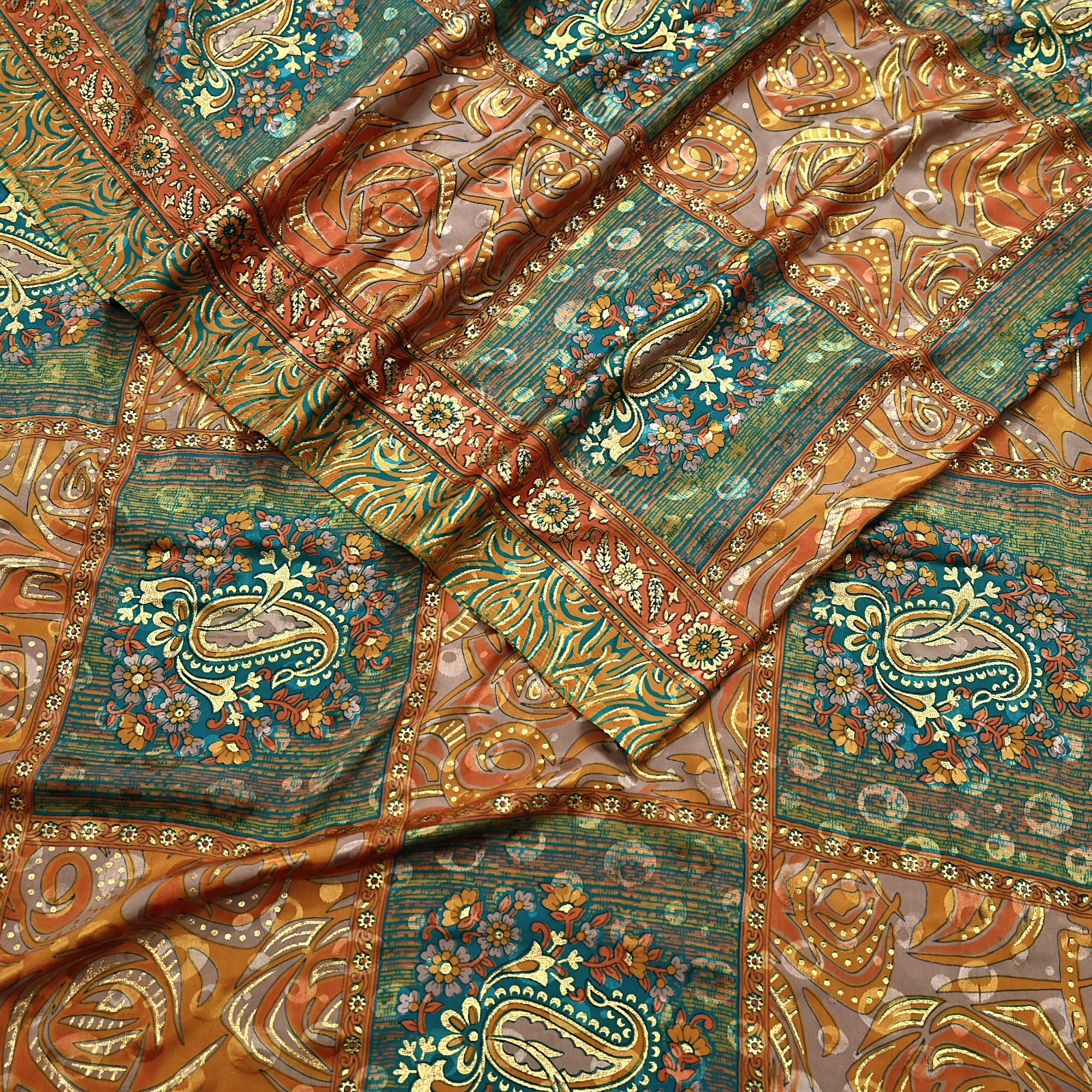 Indian Vintage Sari Moss Crepe Printed/Painted Saree Floral 5 Yards Soft Fabric