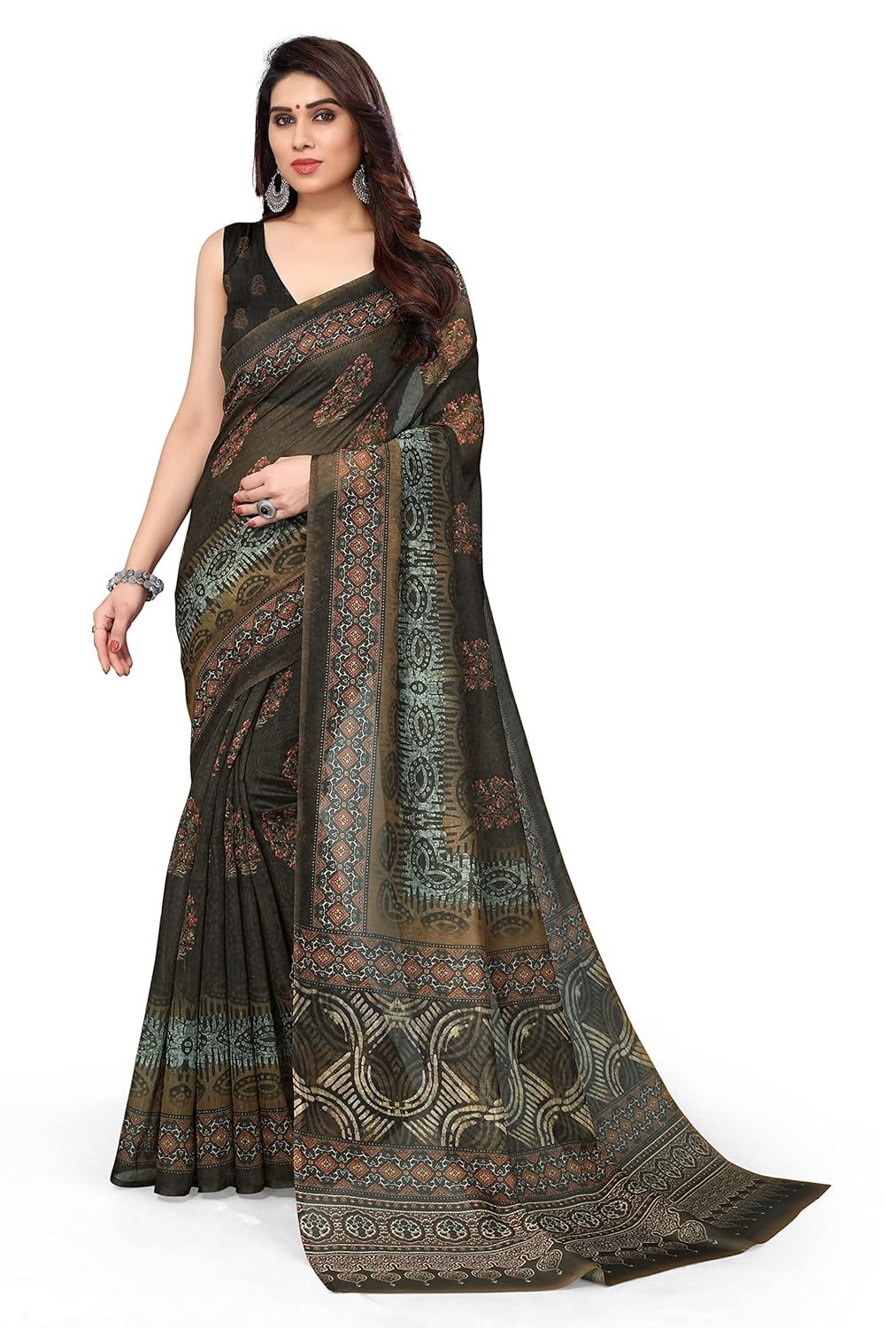 Women’s Stylish Cotton Blend Ajrak Digital Printed Saree with Blouse Piece