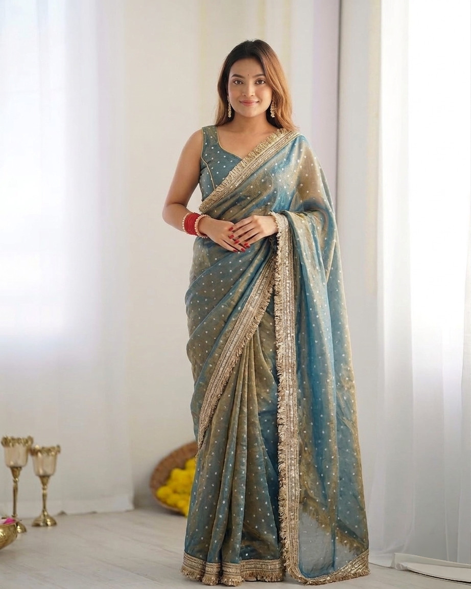 Shimmer Organza Silk Saree Heavy Golden Fringe Border Party Wear Sari Women Silk