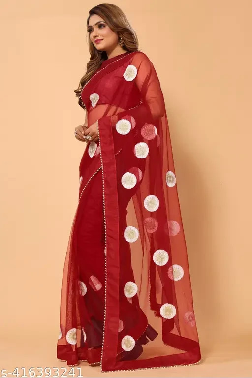 Women’s Soft Net Embroidery Work Saree with Unstitched Silk Blouse Piece
