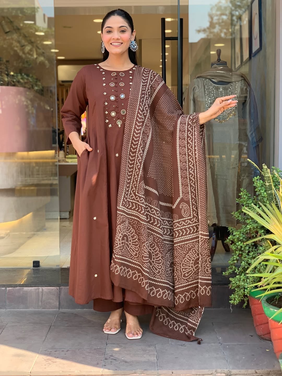 Elegant Brown Anarkali Kurta Pant & Dupatta Set | Festive | Wedding | Party Wear